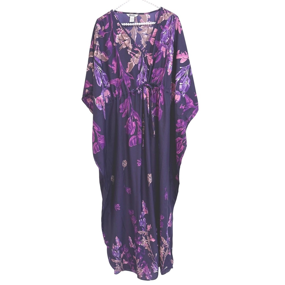 Vintage Winlar Caftan Dress Purple Floral V Neck Waist Tie Roper Muumuu Boho OS